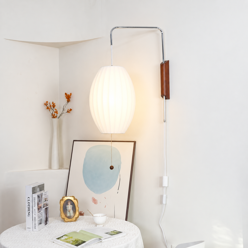 Nelson Walnut Wall Light – Mid-Century Modern Sconce | Designer Ambient Lighting — light on, digitally edited atmosphere preview