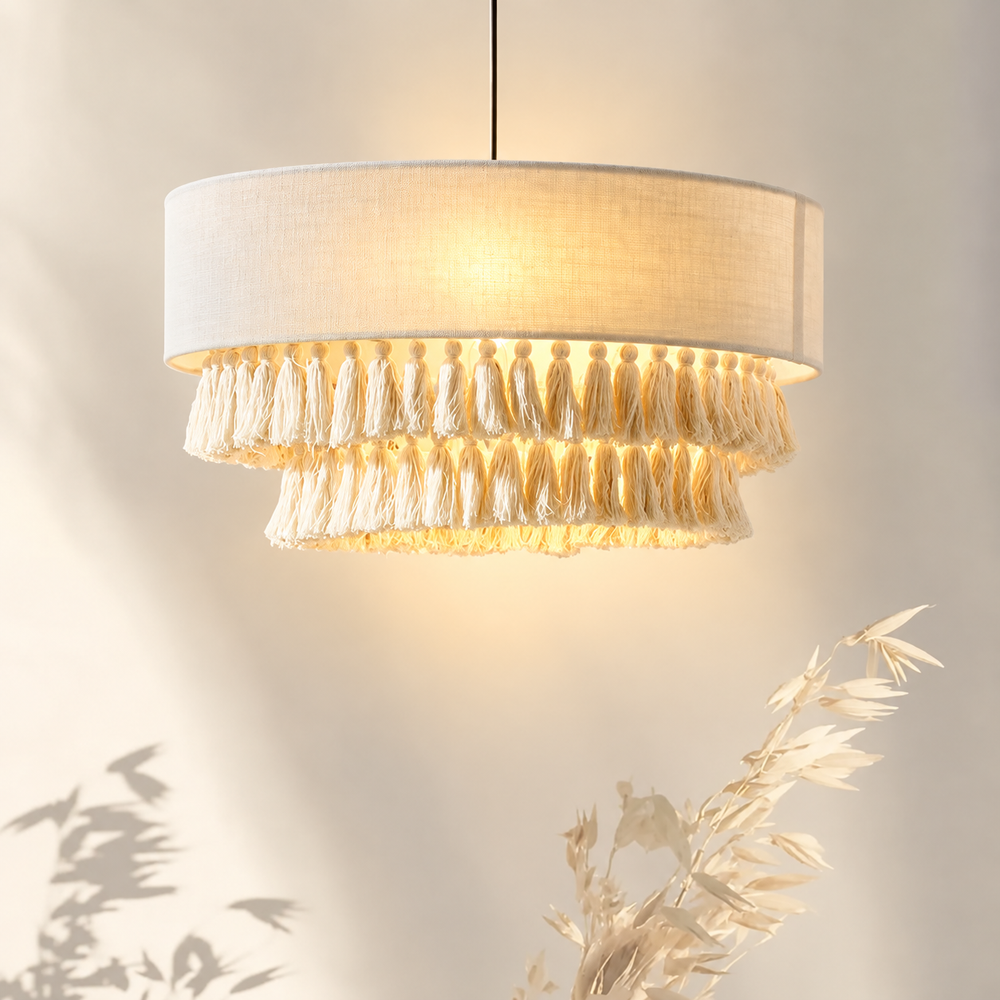 Nomad Linen Pendant Light – Wabi-Sabi Fabric Ceiling Lamp | Boho Japandi Ambient Lighting — light on, digitally edited atmosphere preview