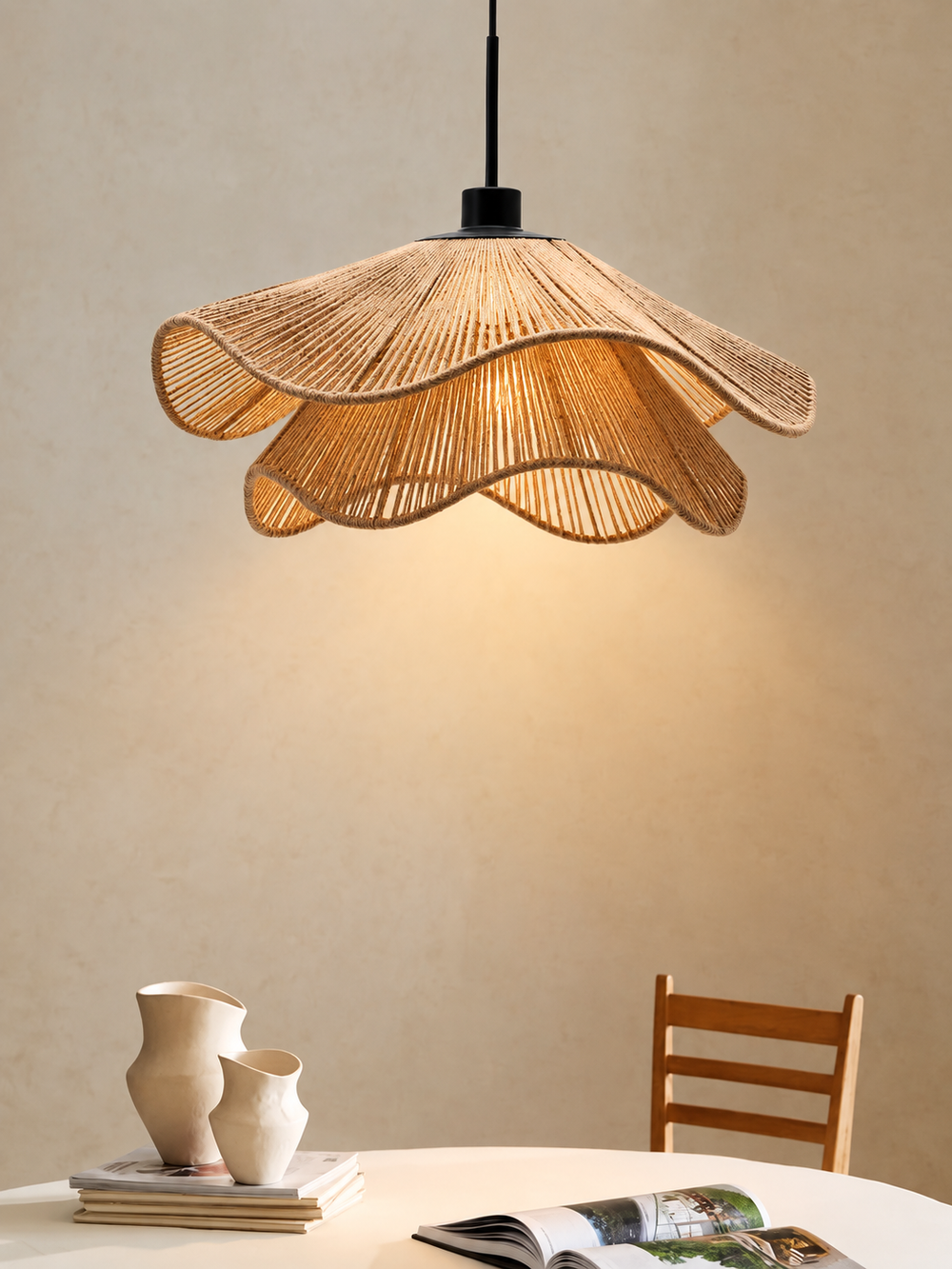 Hempora Wabi Pendant Light – Handwoven Rope Ceiling Lamp | Japandi Natural Hanging Lighting — light on, digitally edited atmosphere preview