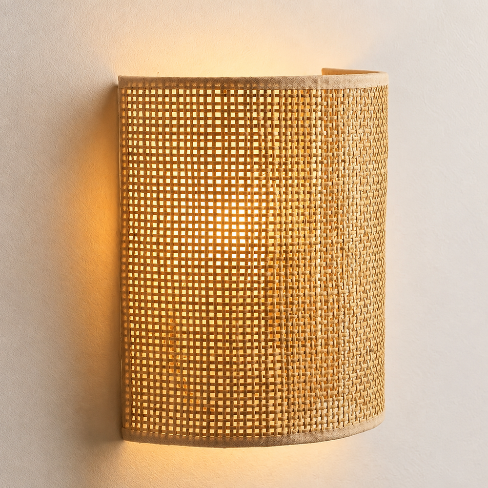Willow Weave Wall Light – Handcrafted Rattan Wall Lamp | Natural Boho Ambient Lighting — light on, digitally edited atmosphere preview