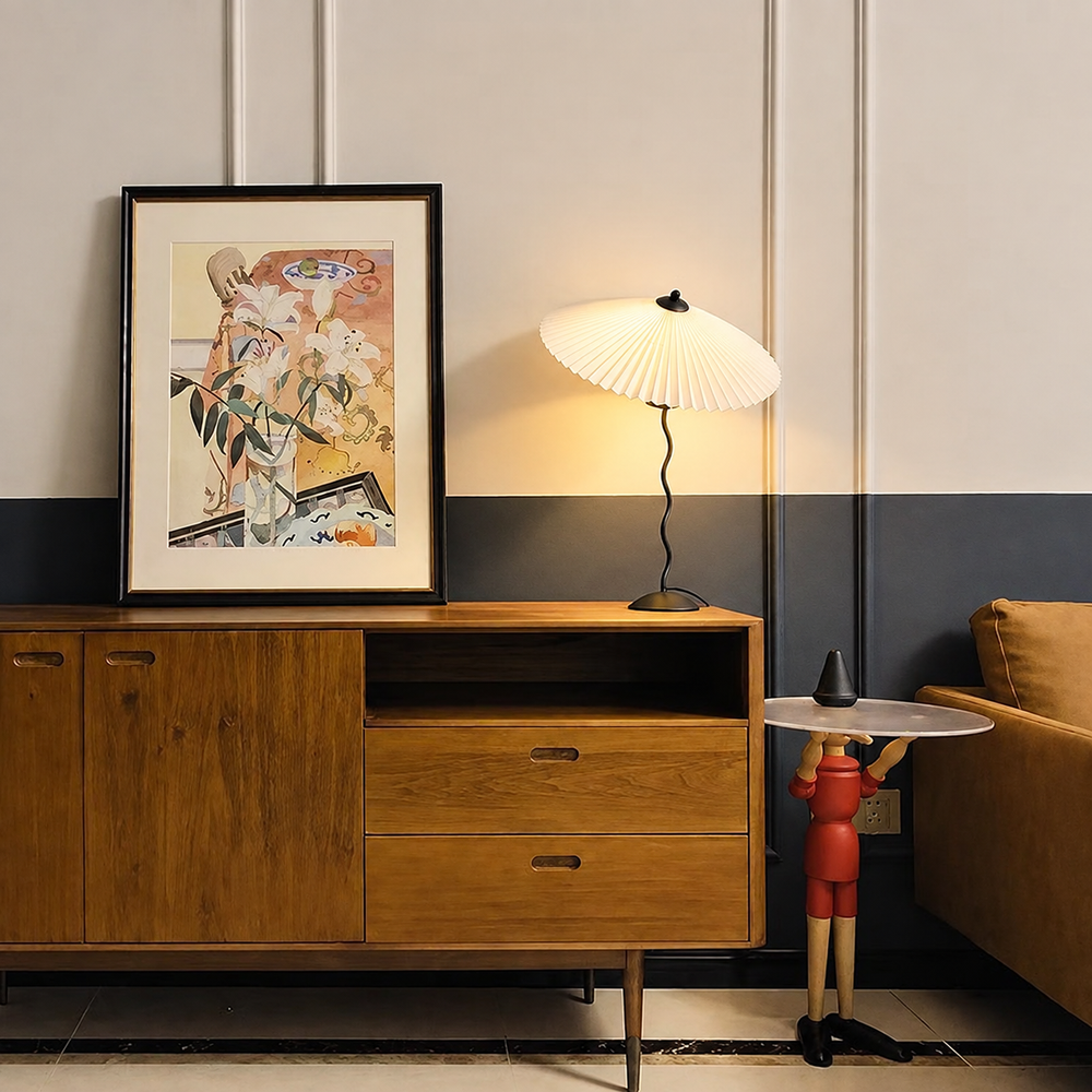 Forma Wave Table Lamp – Sculptural Designer Lighting | Contemporary Statement Piece — light on, digitally edited atmosphere preview