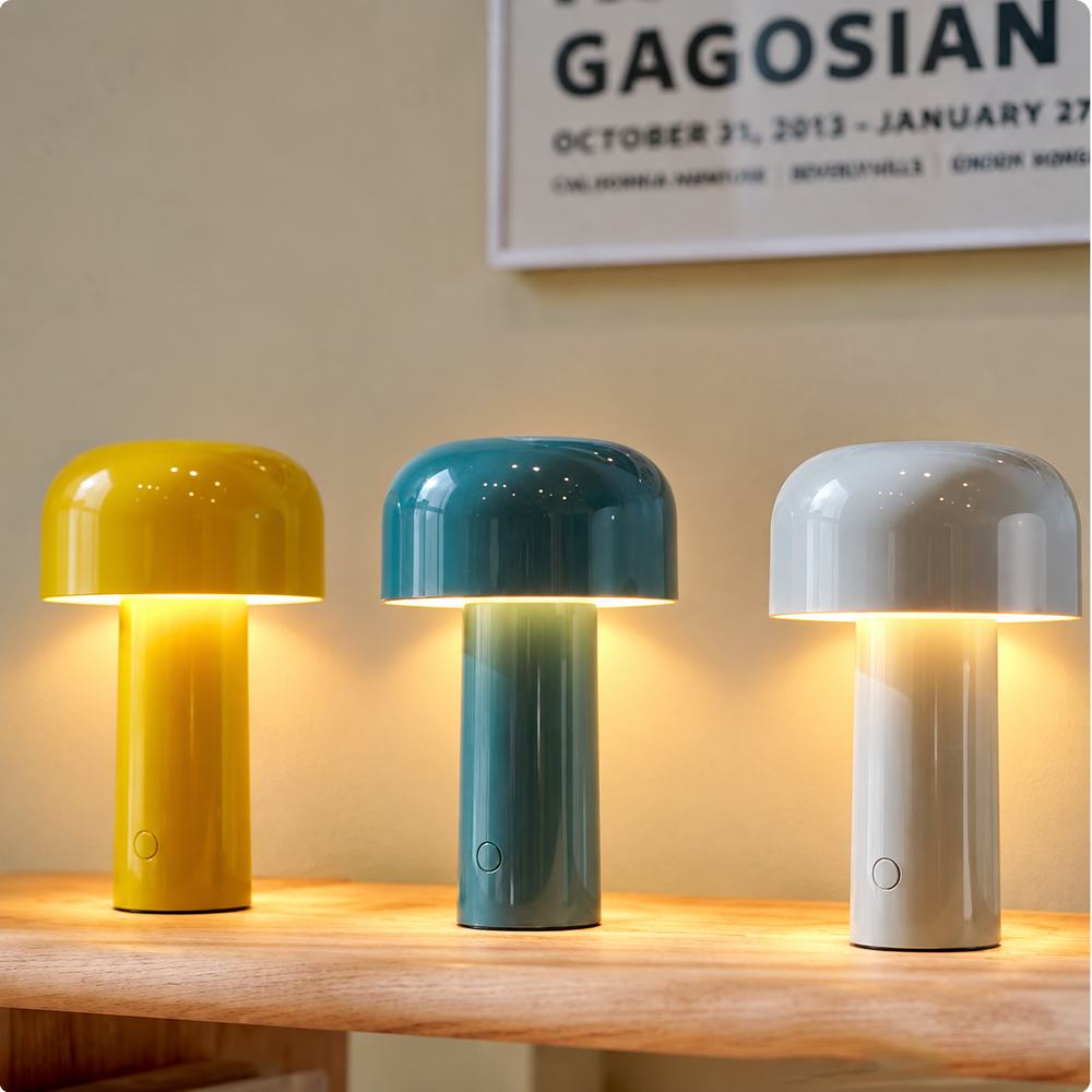 Milano Glow Rechargeable Mushroom Lamp – Cordless Italian Designer Lighting | Dimmable Ambient LED — light on, digitally edited atmosphere preview