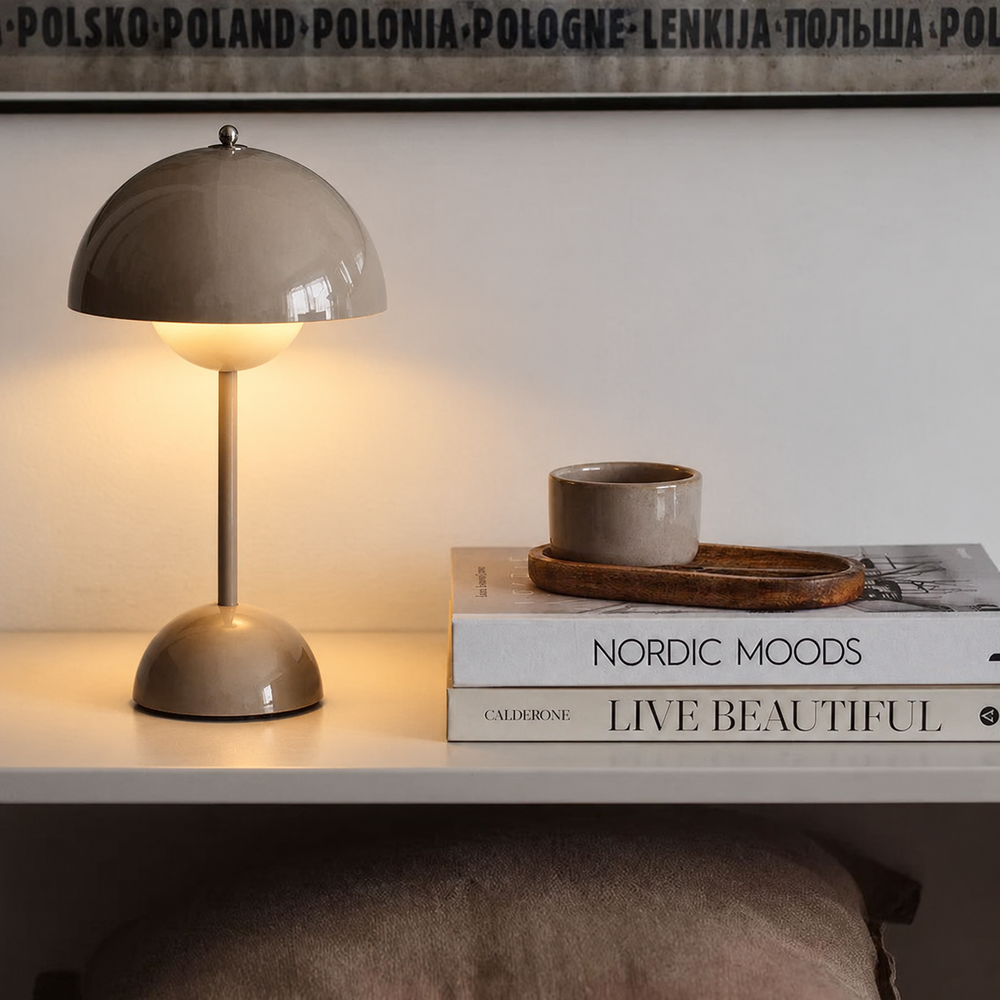 LunaForma Rechargeable Table Lamp – Cordless Designer LED Light | Retro-Inspired Ambient Lighting — light on, digitally edited atmosphere preview