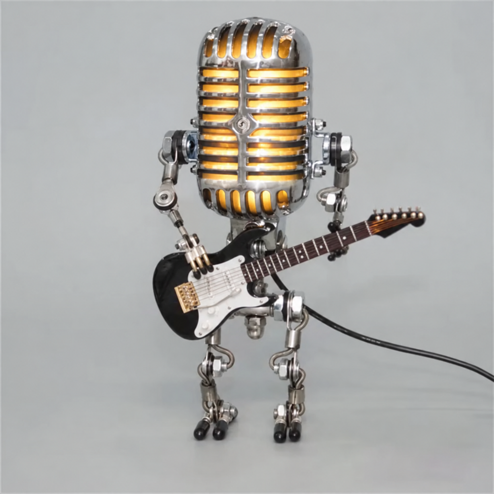 RoboTune Designer Table Lamp – Guitar Robot LED Light | Industrial Statement Lighting — light on, digitally edited atmosphere preview