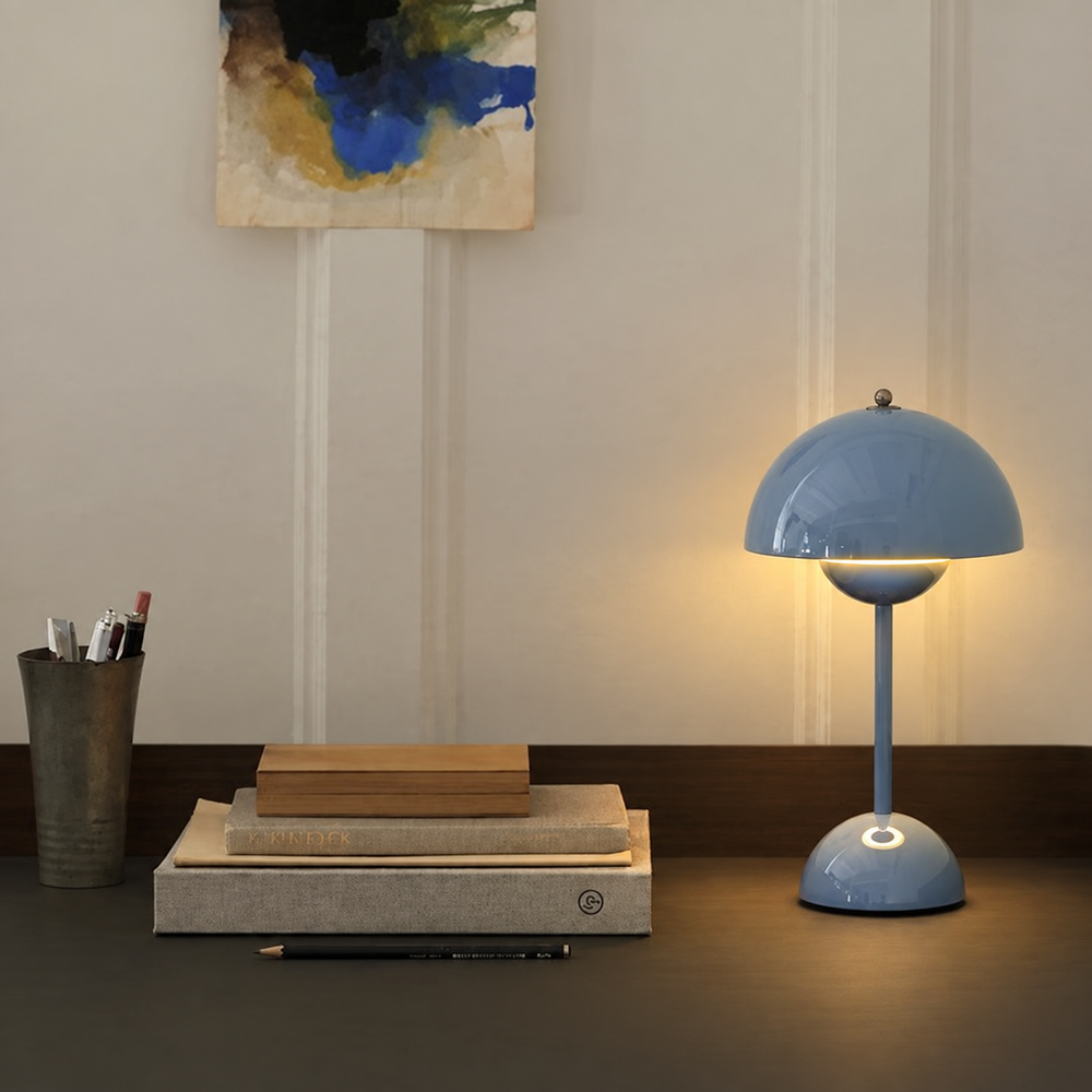 AuroraGlo LED Living Room Table Lamp – Wireless Designer Lighting with Timeless Scandinavian Style — light on, digitally edited atmosphere preview