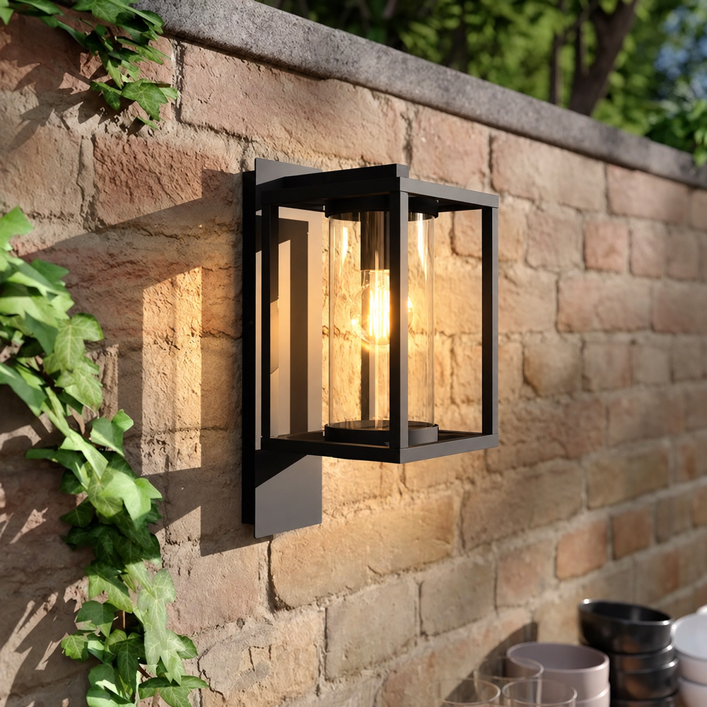 Ferda Outdoor Wall Light – Modern Exterior Wall Lamp with Glass Diffuser — light on, digitally edited atmosphere preview