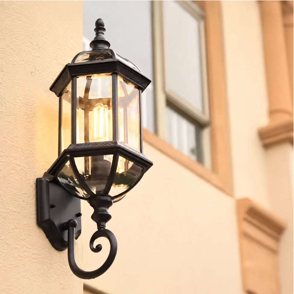 HeritageGlow Outdoor Wall Light – Vintage E27 Exterior Lantern | Waterproof Aluminium & Glass Wall Lamp — light on, digitally edited atmosphere preview