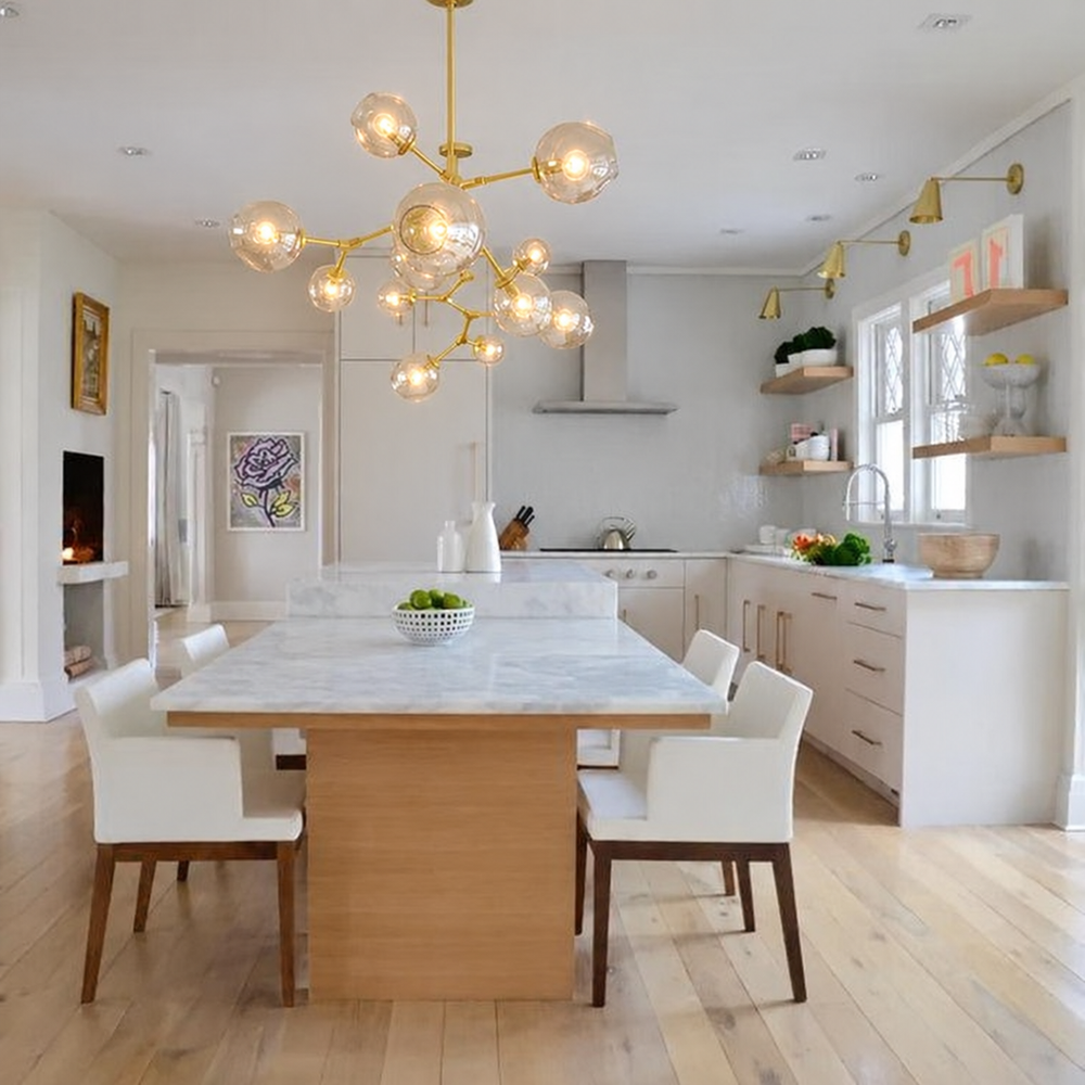 Bifurcation Bubble Glass Sputnik Chandelier — light on, digitally edited atmosphere preview