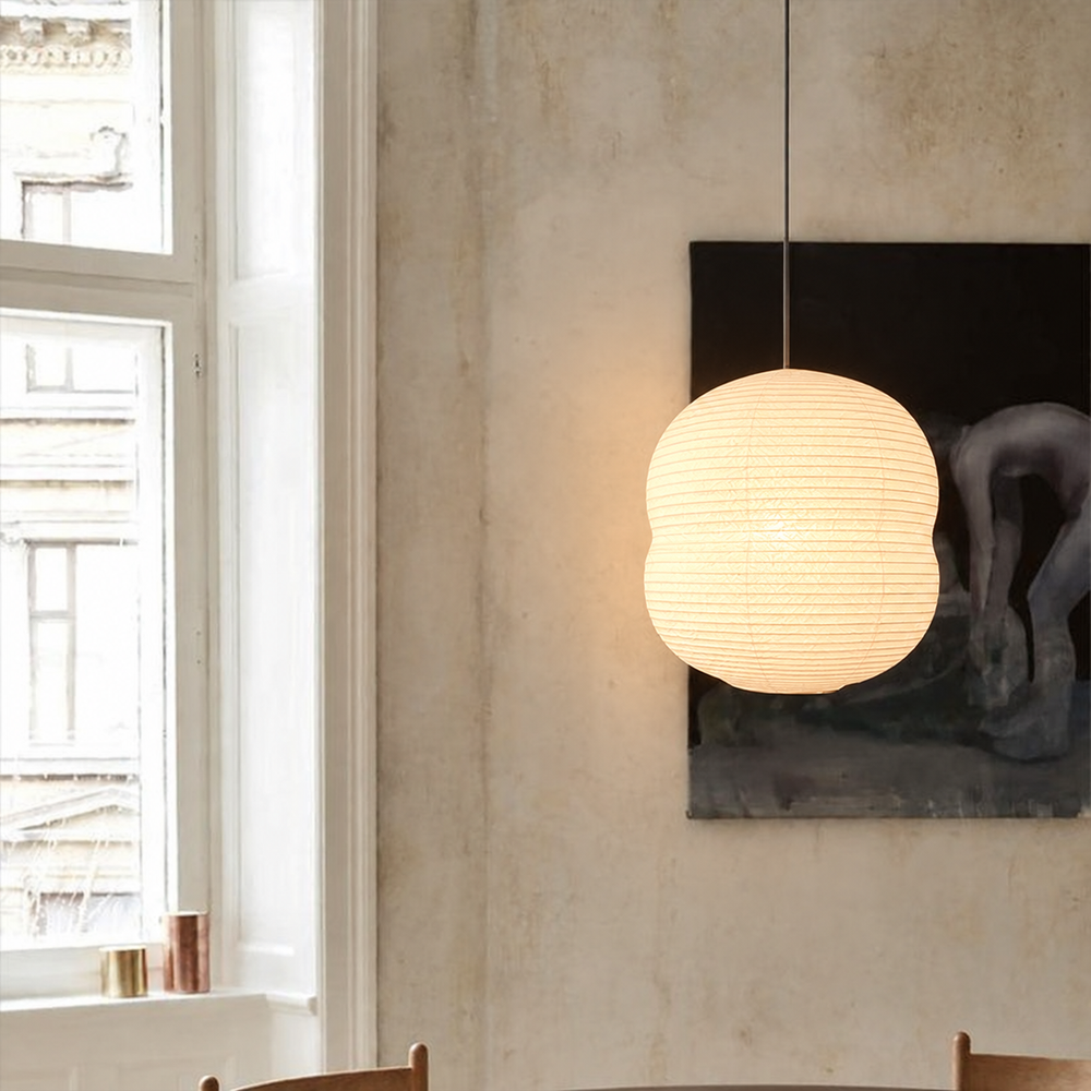 Washi Mini Pendant Light – Japanese Paper Hanging Lamp | Minimalist Handcrafted Ceiling Lighting — light on, digitally edited atmosphere preview