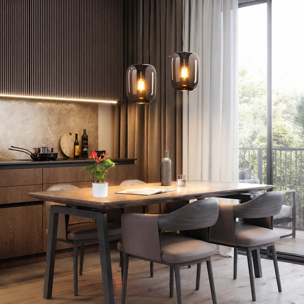 Savannah Black Glass Pendant Light – Modern Elegant Hanging Lamp | Luxury Smoked Glass Ceiling Lighting — light on, digitally edited atmosphere preview
