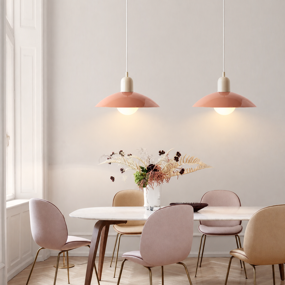 Modena Macaron Pendant Light – Bauhaus Inspired Hanging Lamp | Colourful Modern Ceiling Lighting for Contemporary Interiors — light on, digitally edited atmosphere preview