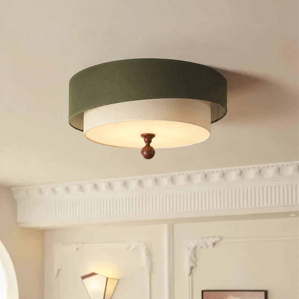 Kaori Ceiling Light – Wabi-Sabi Fabric Flush Lamp | Japanese Minimalist LED Lighting for Calm Interiors — light on, digitally edited atmosphere preview