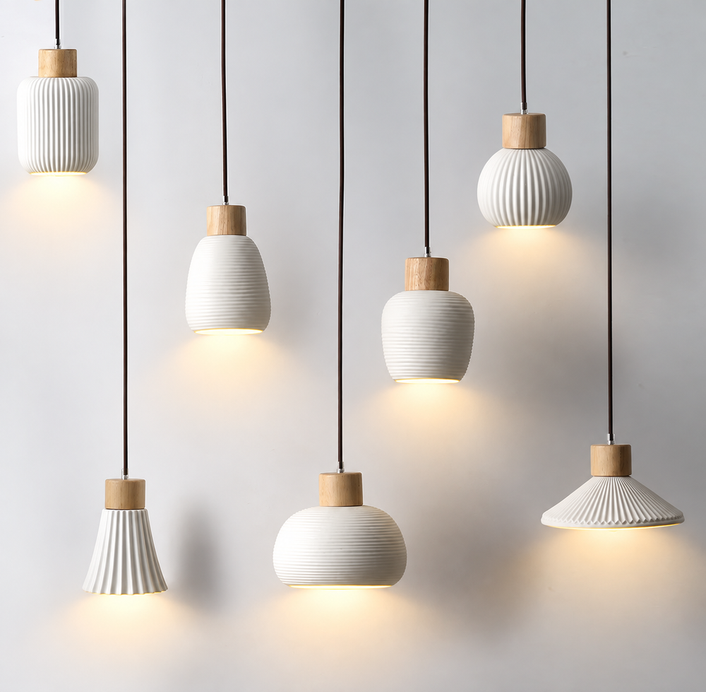 Ceramic & Wood Pendant Light – Modern Nordic LED Hanging Lamp | Natural Contemporary Lighting — light on, digitally edited atmosphere preview