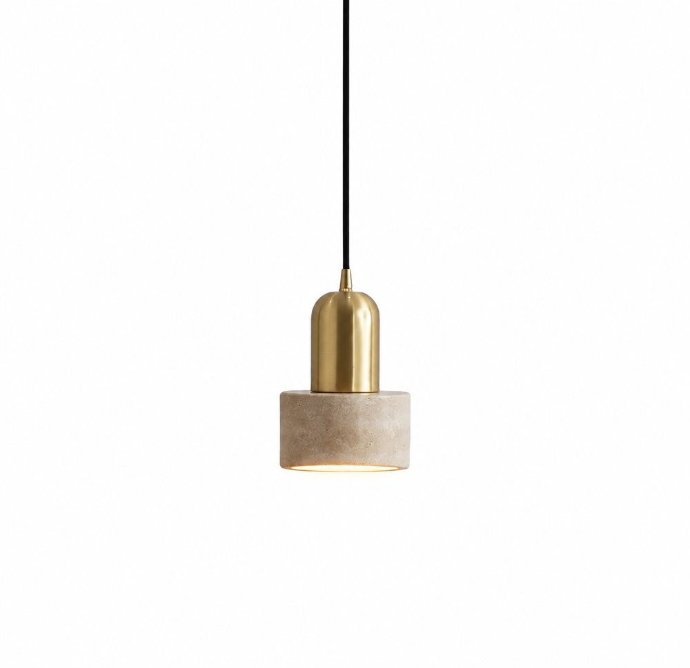 Travertine Stone Pendant Light with Copper Finish – Nordic LED Hanging Lamp | Warm Contemporary Lighting — light on, digitally edited atmosphere preview