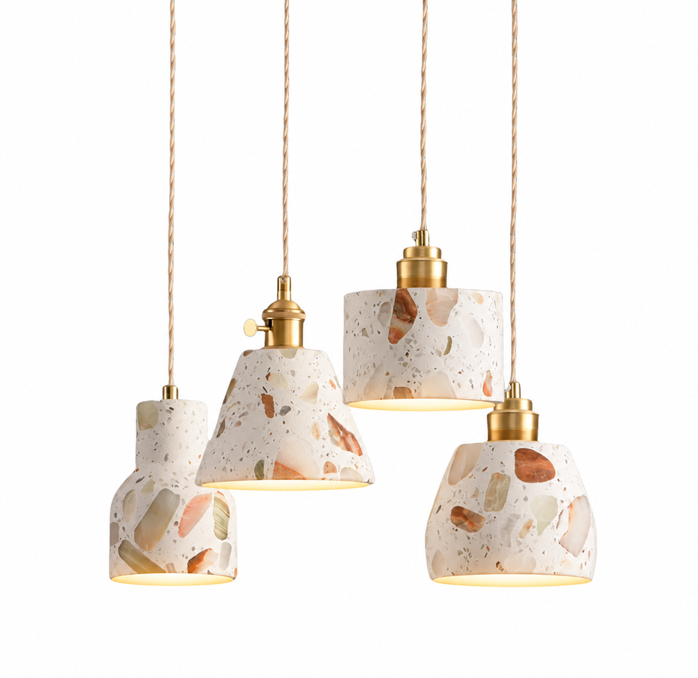 Terrazzo Stone Pendant Light with Copper Detail – Modern LED Ceiling Lamp | Contemporary Designer Lighting — light on, digitally edited atmosphere preview