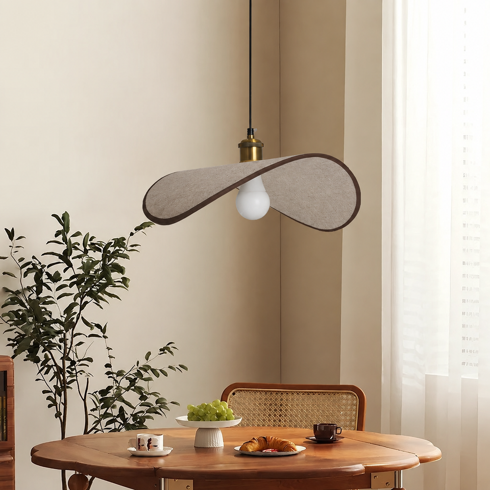 Wabi-Sabi fabric pendant with the light switched off — digitally edited atmosphere preview