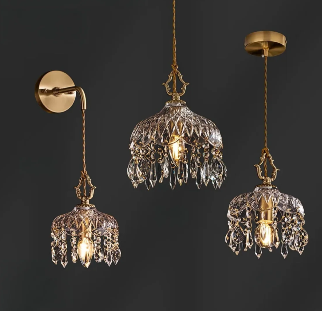 French Crystal Glass Pendant Light – Luxury Gold LED Chandelier | Elegant Ambient Lighting | Vintage-Inspired Statement Piece