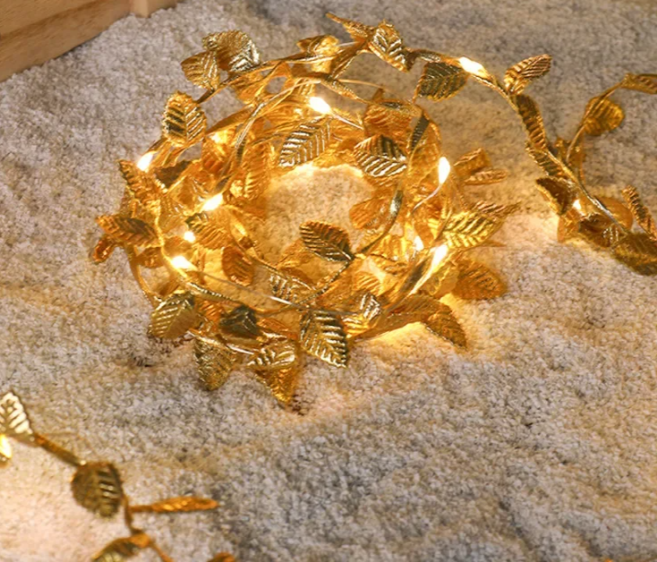 AureaLeaf LED Gold Leaf String Lights – Battery-Powered Decorative Fairy Lights for Home & Festive Celebrations