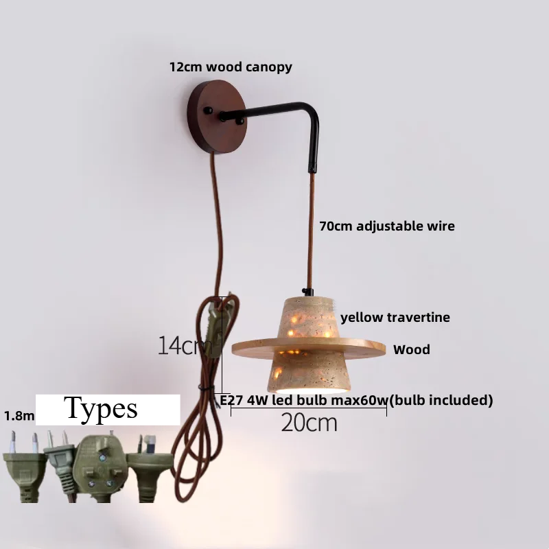 Travero Pull Wall Light – Travertine Stone & Wood LED Lamp | Scandinavian Ambient Lighting | Natural Interior Elegance