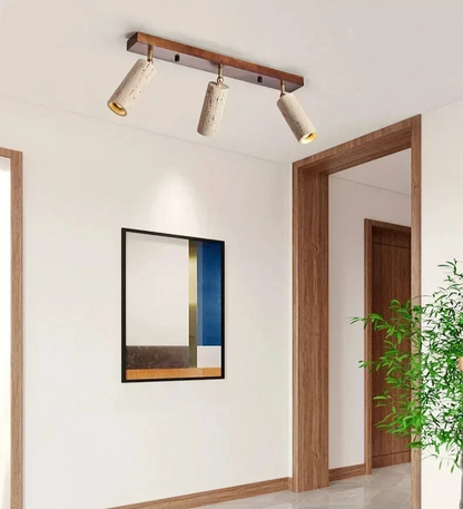 Travertine & Wood Ceiling Spotlight – Wabi-Sabi LED Flush Mount Light | Japandi Accent Interior Lighting