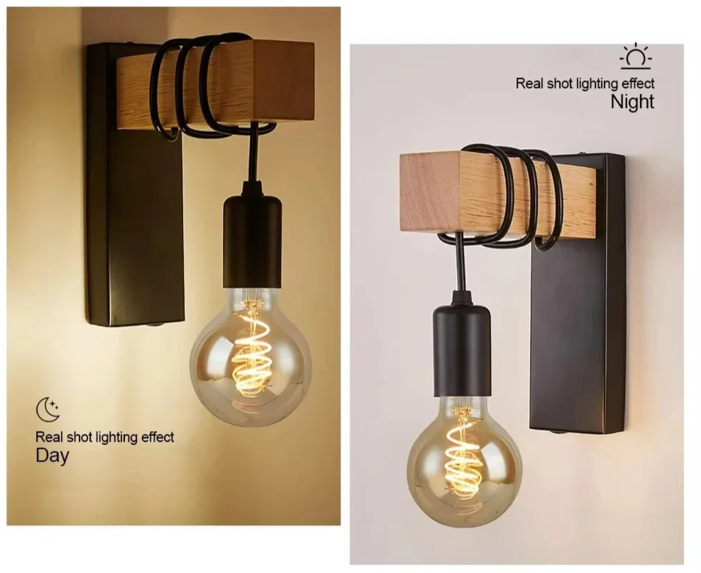 RetroLume – Vintage LED Wandlampe aus Holz & Eisen mit E27 | Industrial & Loft Stil-Leuchtezauber