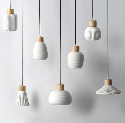 Ceramic & Wood Pendant Light – Modern Nordic LED Hanging Lamp | Natural Contemporary Lighting