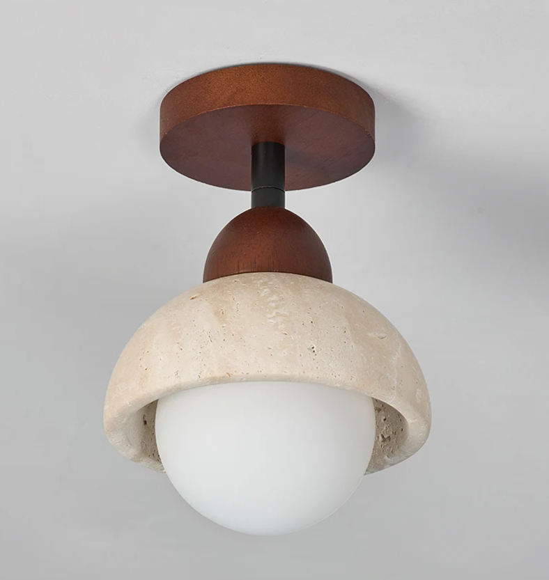 Travertine & Walnut Ceiling Light – Wabi-Sabi Japandi Flush Mount Lamp | Natural Ambient Interior Lighting