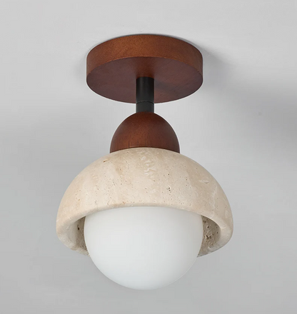 Travertine & Walnut Ceiling Light – Wabi-Sabi Japandi Flush Mount Lamp | Natural Ambient Interior Lighting