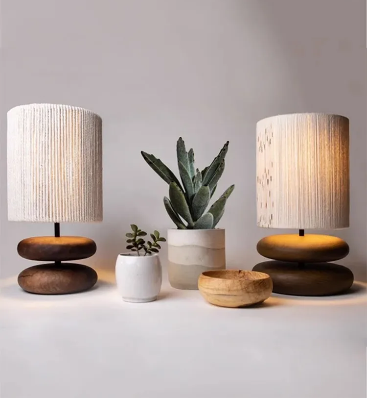 Japanese Wood Table Lamp with Jute Detail – Minimalist LED Bedside Light | Warm Zen Interior Lighting