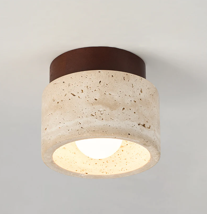 Travertine & Walnut Ceiling Light – Wabi-Sabi Japandi Flush Mount Lamp | Natural Ambient Interior Lighting