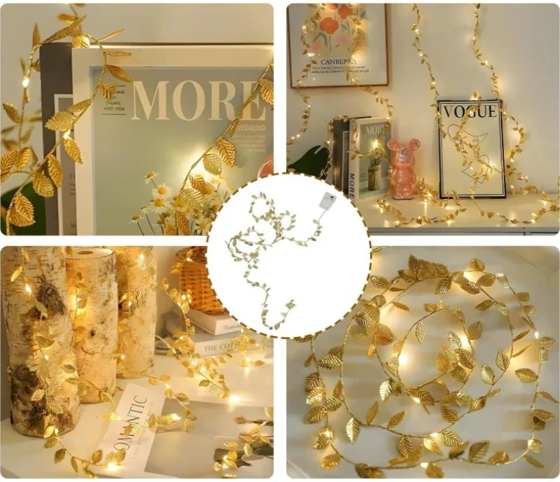 AureaLeaf LED Gold Leaf String Lights – Battery-Powered Decorative Fairy Lights for Home & Festive Celebrations