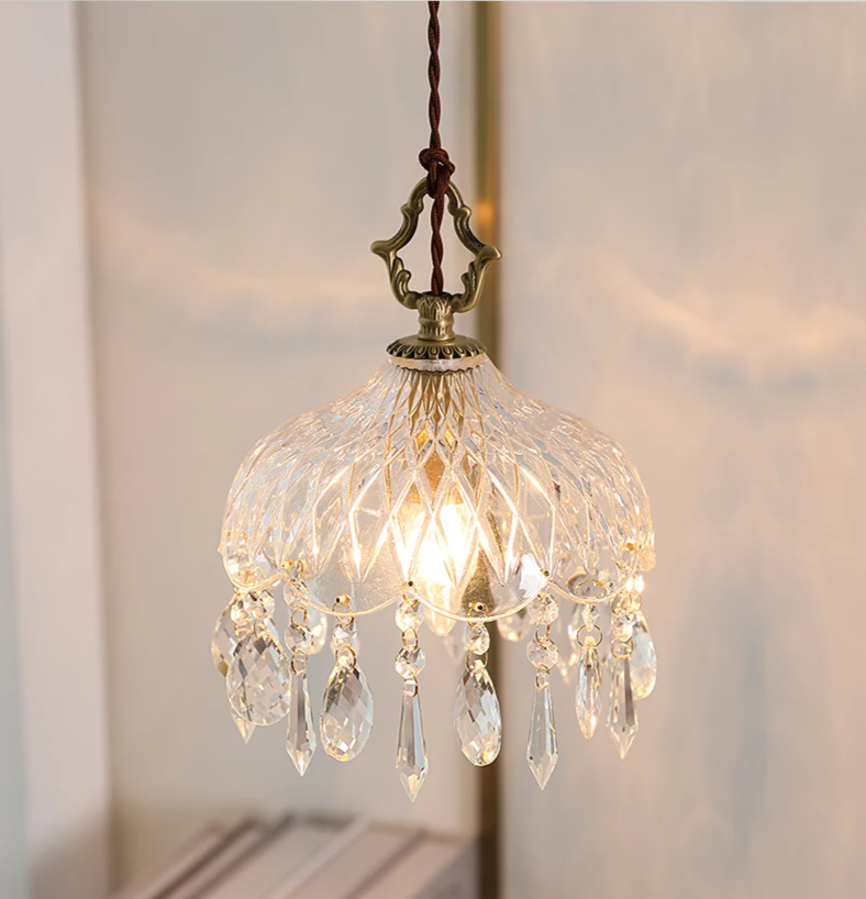 French Crystal Glass Pendant Light – Luxury Gold LED Chandelier | Elegant Ambient Lighting | Vintage-Inspired Statement Piece