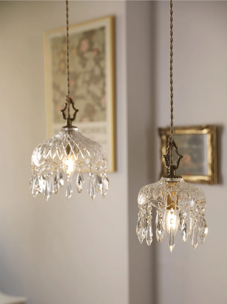 French Crystal Glass Pendant Light – Luxury Gold LED Chandelier | Elegant Ambient Lighting | Vintage-Inspired Statement Piece